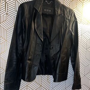 GUESS Black Leather Blazer Jacket with Notched Lapel
